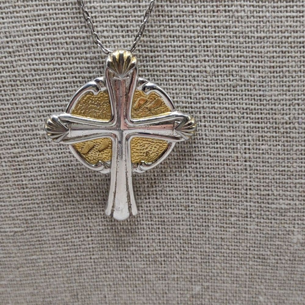 Sterling Silver Cross Footprints Poem Necklace. Vintage 80s. P1